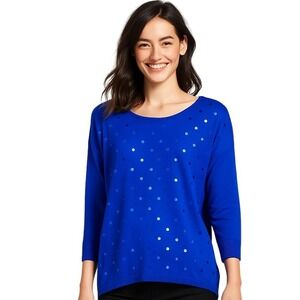 Red Womens Blue Sequin Pullover Top Knit Round Neck 3/4 Sleeve Party Blouse M